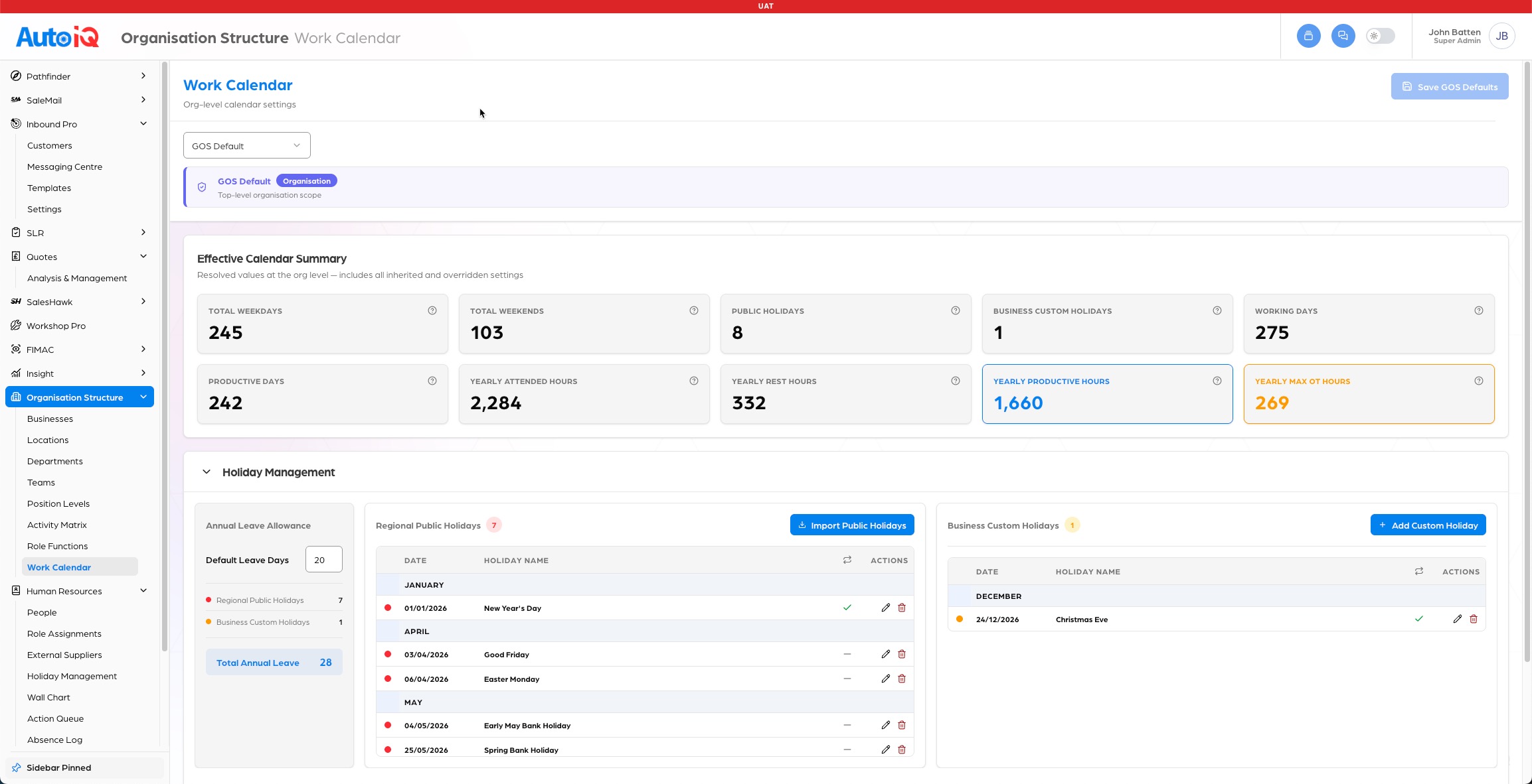 The Work Calendar screen, showing working days, productive hours and holidays